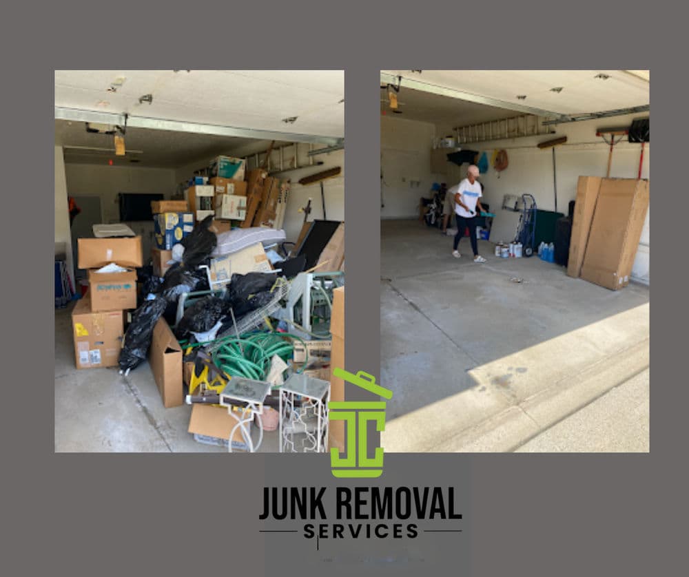 Before and after junk removal in a garage, showcasing cluttered space transformed into order.